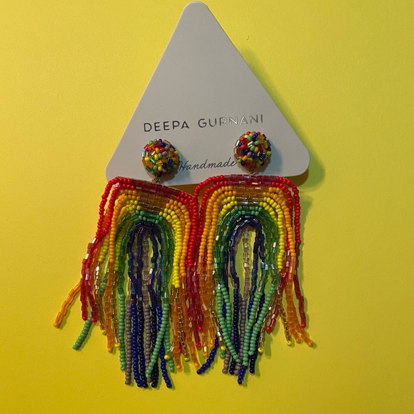 Rainbow Statement Earrings Deepa Gurnani Anthropologie Beaded Fringe - Picture 6 of 16